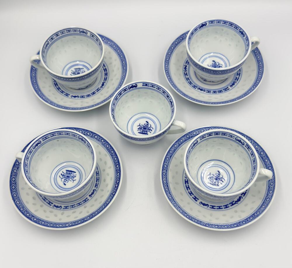 Jingdezhen Rice Eye Grain Cups & Saucers Blue & White Porcelain 9pc Set